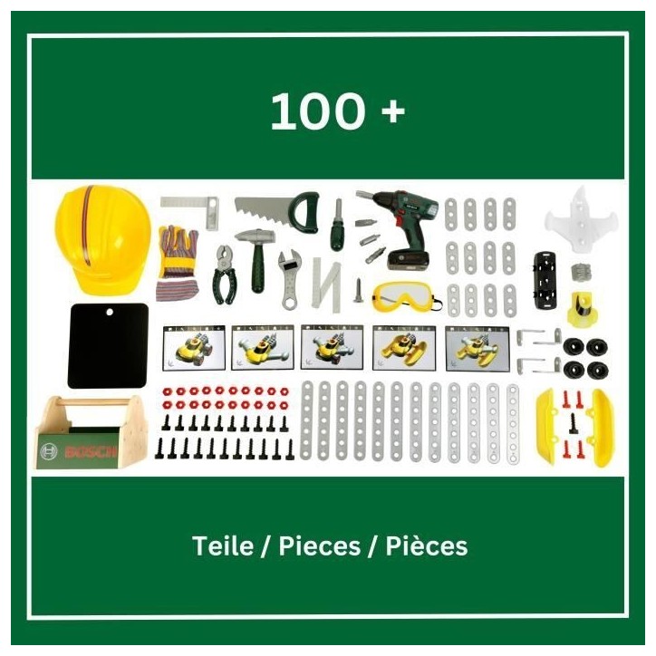 Grand établi Bosch - KLEIN - 8734 - Bois FSC - Avec visseuse électronique, caisse a outils, set de construction, etc. - Des 3 Grand établi Bosch - KLEIN - 8734 - Bois FSC - Avec visseuse électronique, caisse a outils, set de construction, etc. - Des 3