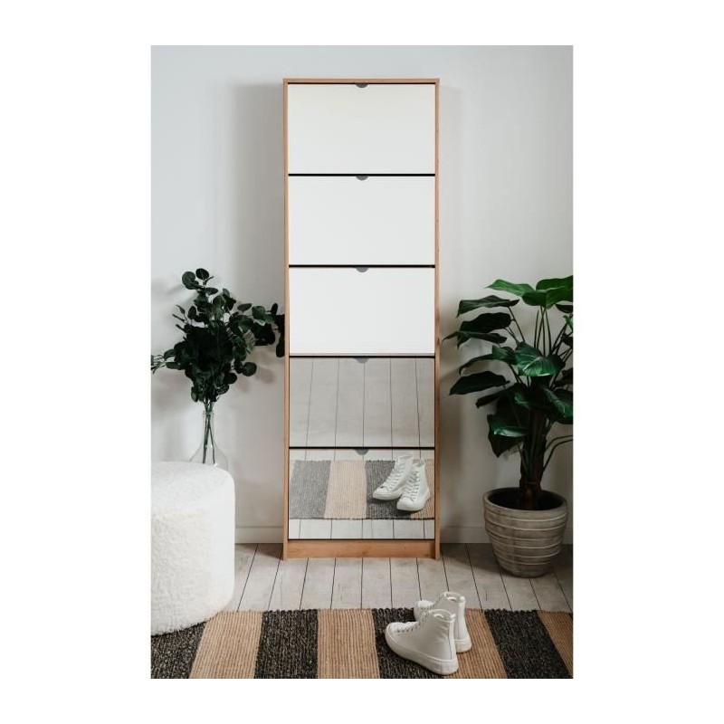Meuble a chaussures - Décor Chene et facades Miroir - L 58 x H177 x P Meuble a chaussures - Décor Chene et facades Miroir - L 58 x H177 x P