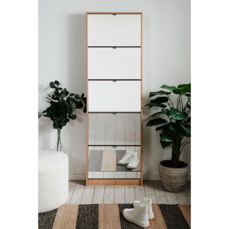 Meuble a chaussures - Décor Chene et facades Miroir - L 58 x H177 x P