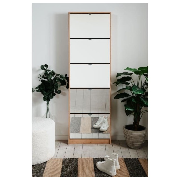 Meuble a chaussures - Décor Chene et facades Miroir - L 58 x H177 x P17 cm - 15 paires - 5 abattants - Facades miroir Meuble a chaussures - Décor Chene et facades Miroir - L 58 x H177 x P17 cm - 15 paires - 5 abattants - Facades miroir