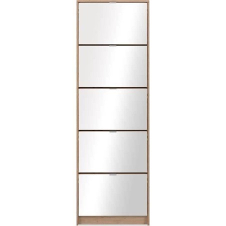 Meuble a chaussures - Décor Chene et facades Miroir - L 58 x H177 x P17 cm - 15 paires - 5 abattants - Facades miroir