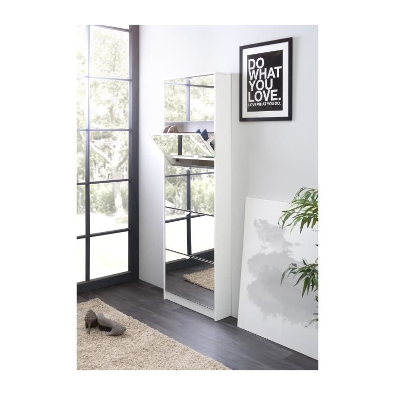 Meuble a chaussures - Blanc et Facades miroir- L58 x H177 x P17 cm - 1 Meuble a chaussures - Blanc et Facades miroir- L58 x H177 x P17 cm - 1