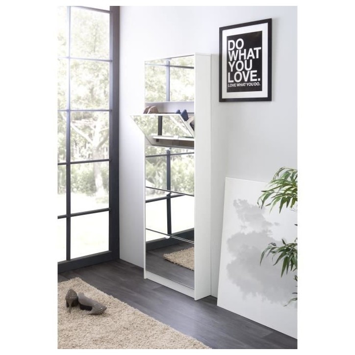 Meuble a chaussures - Blanc et Facades miroir- L58 x H177 x P17 cm - 15 paires - 5 abattants - KOBLENZ Meuble a chaussures - Blanc et Facades miroir- L58 x H177 x P17 cm - 15 paires - 5 abattants - KOBLENZ