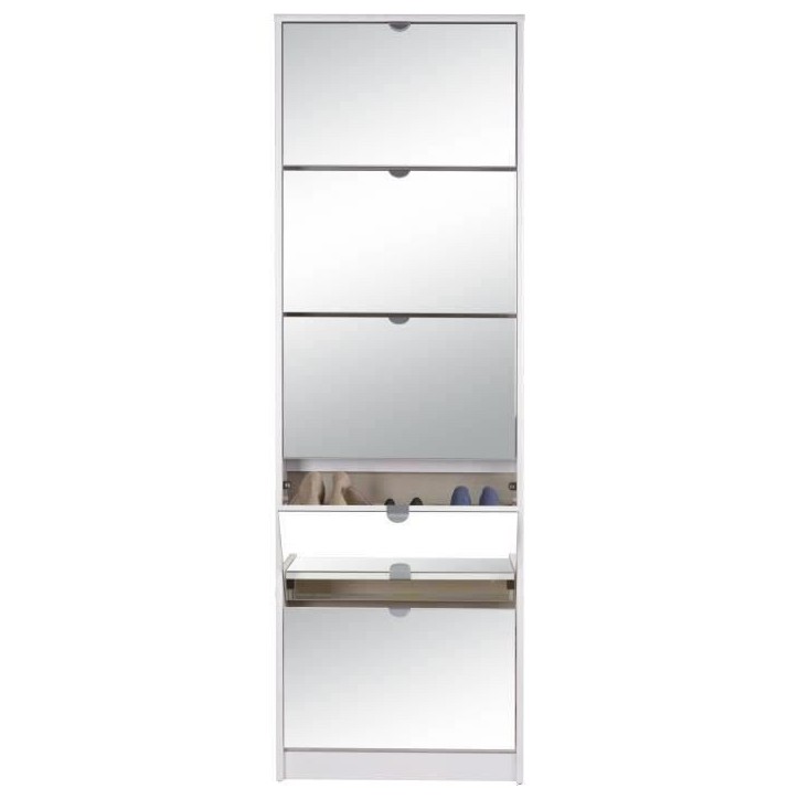 Meuble a chaussures - Blanc et Facades miroir- L58 x H177 x P17 cm - 15 paires - 5 abattants - KOBLENZ Meuble a chaussures - Blanc et Facades miroir- L58 x H177 x P17 cm - 15 paires - 5 abattants - KOBLENZ