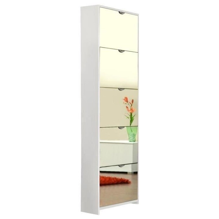 Meuble a chaussures - Blanc et Facades miroir- L58 x H177 x P17 cm - 15 paires - 5 abattants - KOBLENZ Meuble a chaussures - Blanc et Facades miroir- L58 x H177 x P17 cm - 15 paires - 5 abattants - KOBLENZ