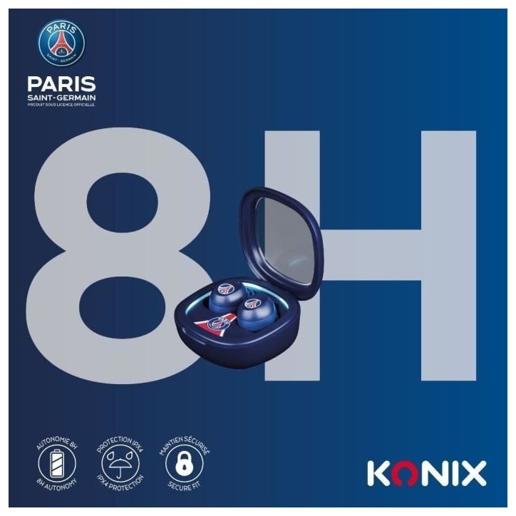 Écouteurs sans fil - KONIX - PSG - Autonomie 8 h + 15 h avec boîtier - Résistance a l'eau IPX4 - Bluetooth - Bleu Écouteurs sans fil - KONIX - PSG - Autonomie 8 h + 15 h avec boîtier - Résistance a l'eau IPX4 - Bluetooth - Bleu