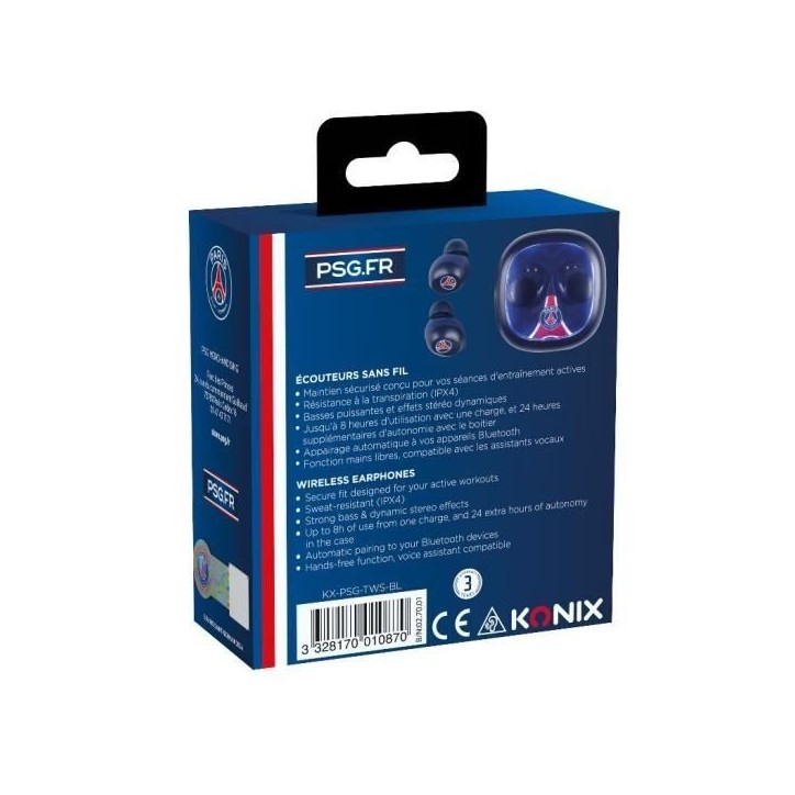 Écouteurs sans fil - KONIX - PSG - Autonomie 8 h + 15 h avec boîtier - Résistance a l'eau IPX4 - Bluetooth - Bleu Écouteurs sans fil - KONIX - PSG - Autonomie 8 h + 15 h avec boîtier - Résistance a l'eau IPX4 - Bluetooth - Bleu