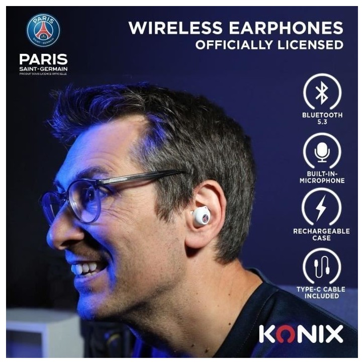 Écouteurs sans fil - KONIX - PSG - Autonomie 8 h + 15 h - IPX4 - Bluetooth - Blanc Écouteurs sans fil - KONIX - PSG - Autonomie 8 h + 15 h - IPX4 - Bluetooth - Blanc