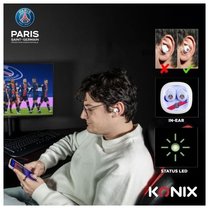 Écouteurs sans fil - KONIX - PSG - Autonomie 8 h + 15 h - IPX4 - Bluetooth - Blanc Écouteurs sans fil - KONIX - PSG - Autonomie 8 h + 15 h - IPX4 - Bluetooth - Blanc