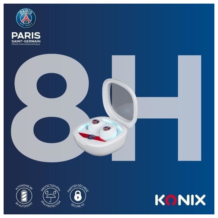 Écouteurs sans fil - KONIX - PSG - Autonomie 8 h + 15 h - IPX4 - Bluetooth - Blanc Écouteurs sans fil - KONIX - PSG - Autonomie 8 h + 15 h - IPX4 - Bluetooth - Blanc