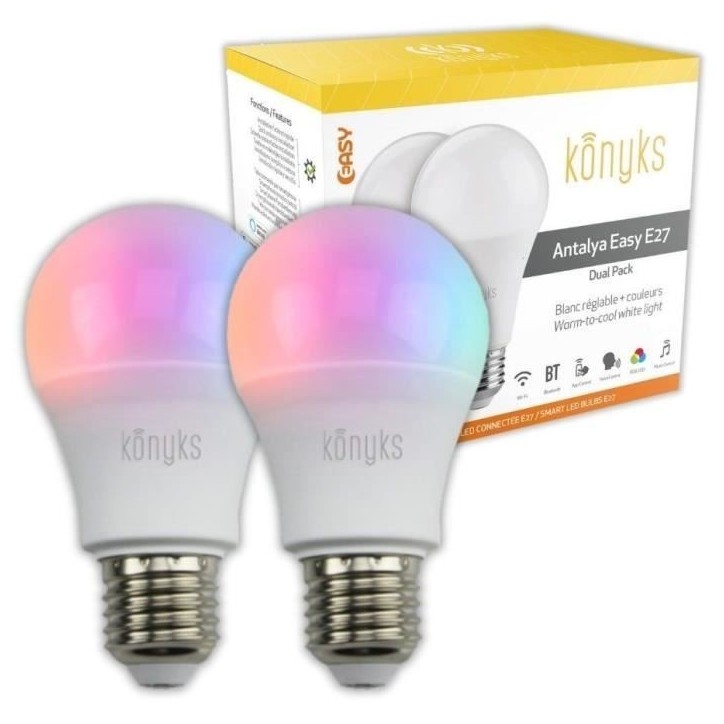 2 Ampoules LED - KONYKS - Antalya Easy E27 Dual Pack - Wifi + Bt - 11 W - Couleurs + Blanc - Compatible Alexa / Google Home 2 Ampoules LED - KONYKS - Antalya Easy E27 Dual Pack - Wifi + Bt - 11 W - Couleurs + Blanc - Compatible Alexa / Google Home