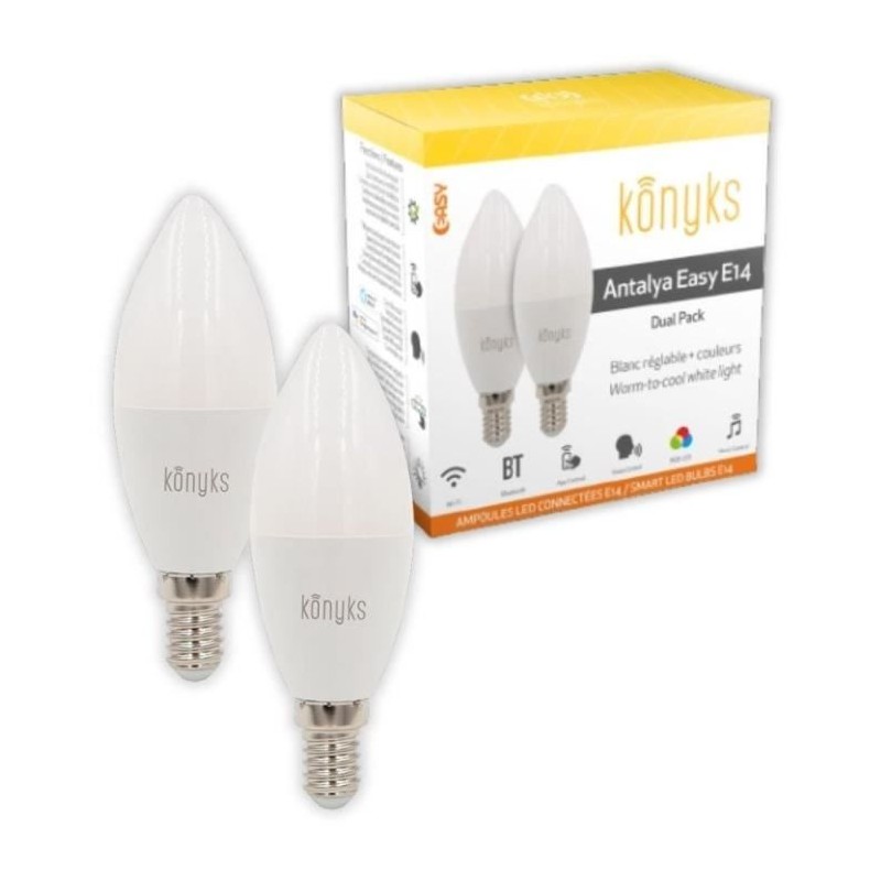 2 Ampoules LED connectées Wi-Fi + BT, LED E14, Couleurs + blanc régl 2 Ampoules LED connectées Wi-Fi + BT, LED E14, Couleurs + blanc régl