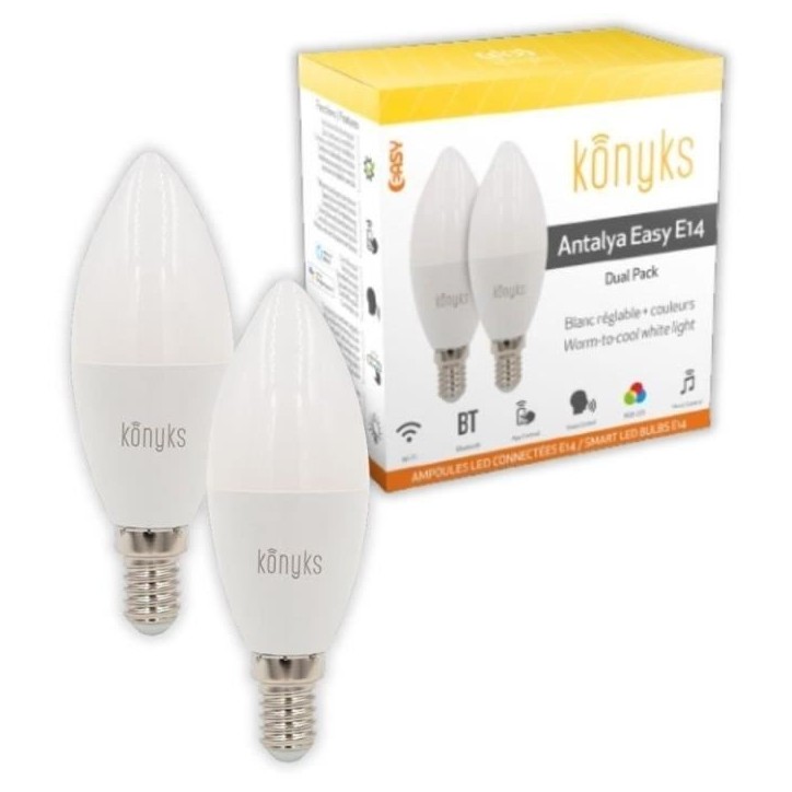 2 Ampoules LED connectées Wi-Fi + BT, LED E14, Couleurs + blanc réglable, 5W - Konyks Antalya E14 Max Easy Dual Pack 2 Ampoules LED connectées Wi-Fi + BT, LED E14, Couleurs + blanc réglable, 5W - Konyks Antalya E14 Max Easy Dual Pack
