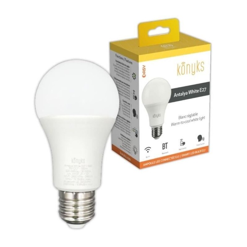 Ampoule LED WiFI + BT, 780 Lumens, 9W, Blanc réglable - Konyks Antaly Ampoule LED WiFI + BT, 780 Lumens, 9W, Blanc réglable - Konyks Antaly