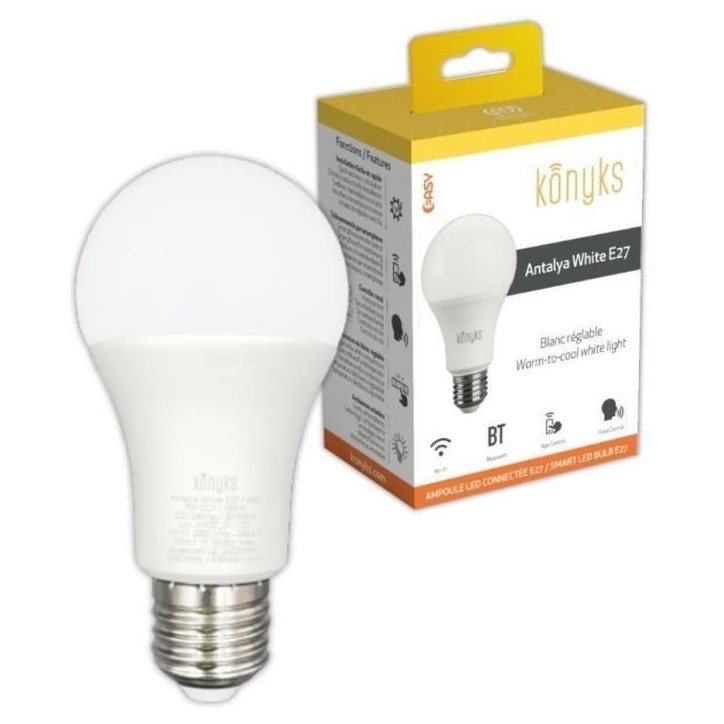 Ampoule LED WiFI + BT, 780 Lumens, 9W, Blanc réglable - Konyks Antalya White E27