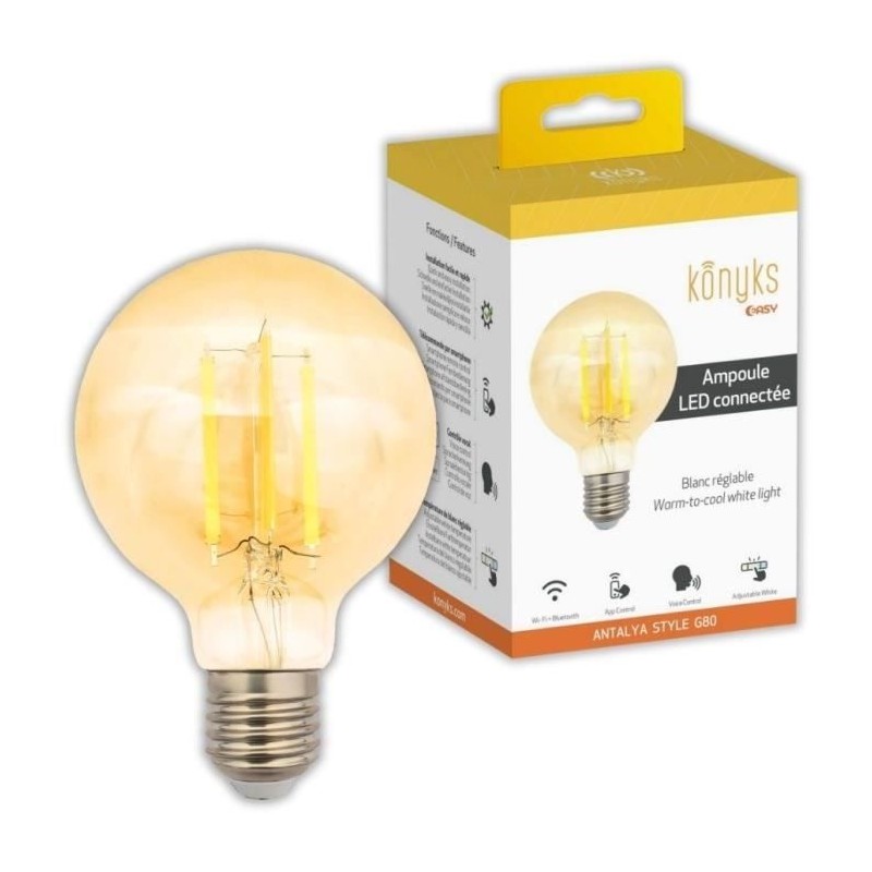 Ampoule Wi-Fi + BT, Blanc réglable, E27, 7W - Konyks Antalya Style G8 Ampoule Wi-Fi + BT, Blanc réglable, E27, 7W - Konyks Antalya Style G8