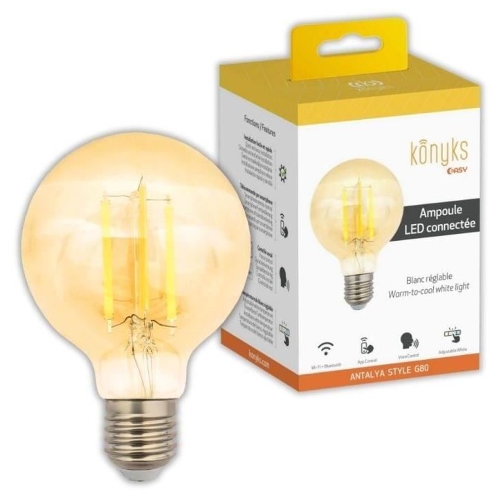 Ampoule Wi-Fi + BT, Blanc réglable, E27, 7W - Konyks Antalya Style G80-E27 Ampoule Wi-Fi + BT, Blanc réglable, E27, 7W - Konyks Antalya Style G80-E27