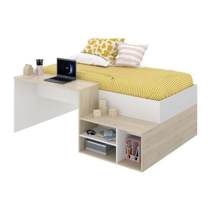 Lit combiné enfant KRIC - Chene naturel et blanc - Bureau et rangemen