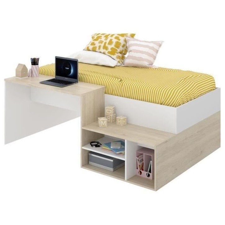 Lit combiné enfant KRIC - Chene naturel et blanc - Bureau et rangement - 90x190 cm Lit combiné enfant KRIC - Chene naturel et blanc - Bureau et rangement - 90x190 cm