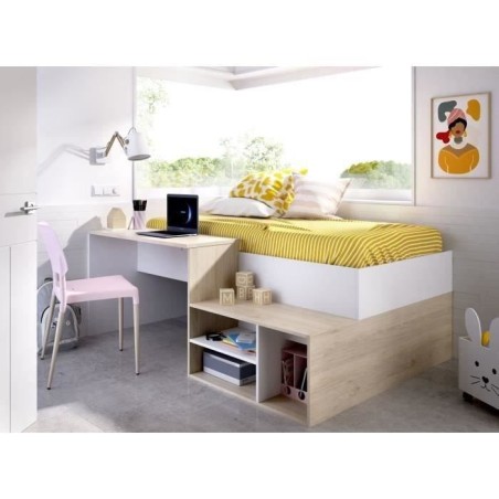Lit combiné enfant KRIC - Chene naturel et blanc - Bureau et rangement - 90x190 cm