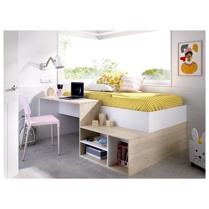 Lit combiné enfant KRIC - Chene naturel et blanc - Bureau et rangement - 90x190 cm Lit combiné enfant KRIC - Chene naturel et blanc - Bureau et rangement - 90x190 cm