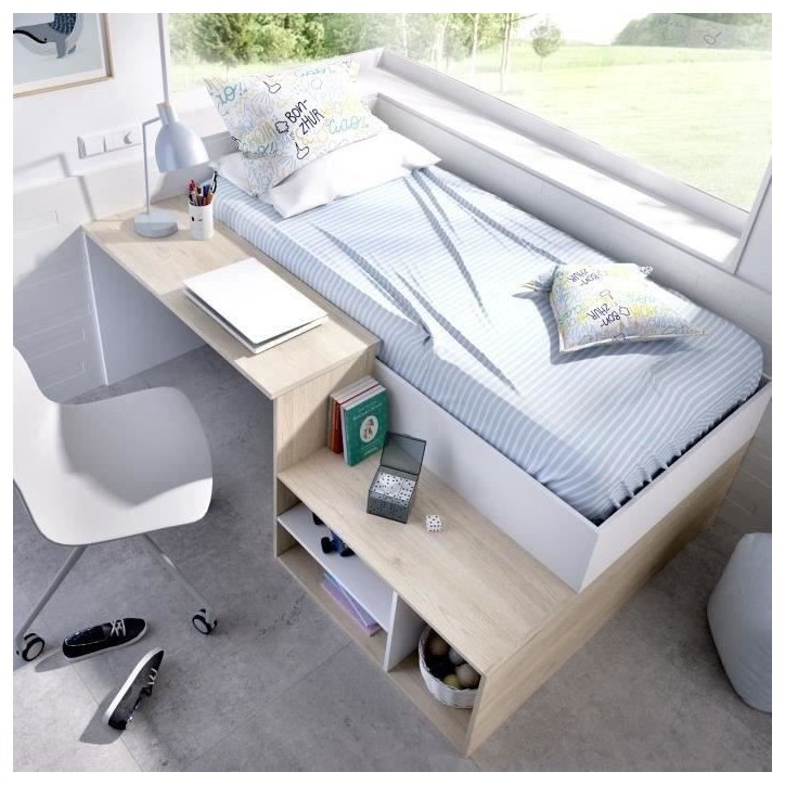 Lit combiné enfant KRIC - Chene naturel et blanc - Bureau et rangement - 90x190 cm Lit combiné enfant KRIC - Chene naturel et blanc - Bureau et rangement - 90x190 cm