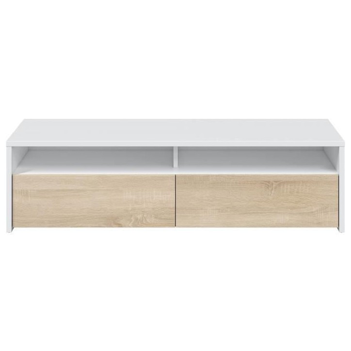 Meuble TV - KIOTO - Blanc Artik / Chene Canadien - 2 portes - 2 niches - 130 x 42 x 36 cm