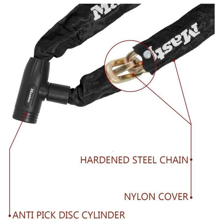 Chaîne Antivol Vélo - MASTER LOCK - 90 cm de longueur - Acier cémenté résistant a la coupe et au sciage Chaîne Antivol Vélo - MASTER LOCK - 90 cm de longueur - Acier cémenté résistant a la coupe et au sciage