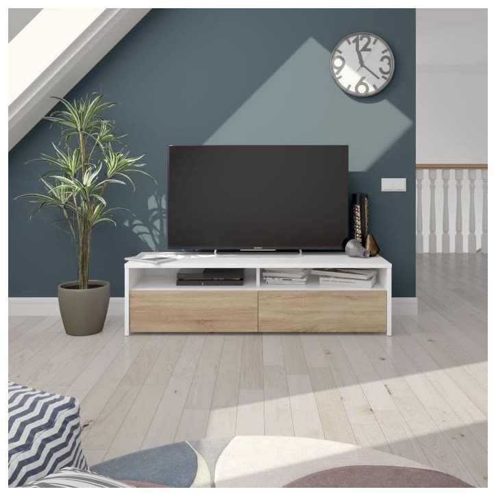 Meuble TV - KIOTO - Blanc Artik / Chene Canadien - 2 portes - 2 niches - 130 x 42 x 36 cm