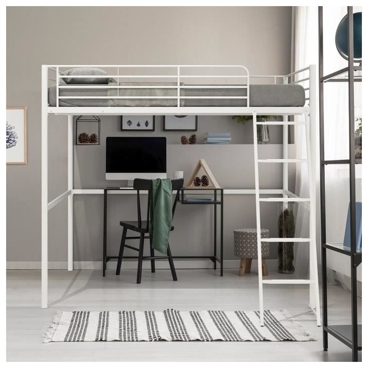 Lit mezzanine en métal - ELIOT - Blanc - 140 x 200 cm - Sommier inclus Lit mezzanine en métal - ELIOT - Blanc - 140 x 200 cm - Sommier inclus