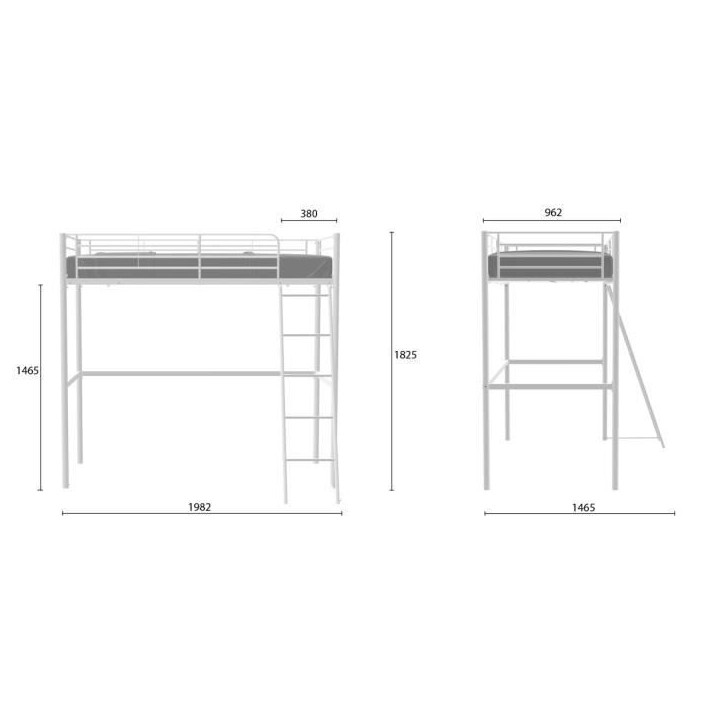 Lit mezzanine ELIOT 90 x 190 cm - Métal - Sommier inclus - Blanc