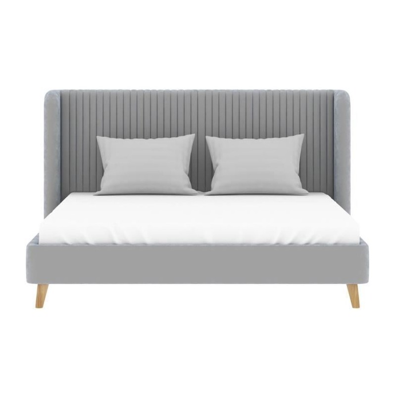 Lit adulte HEIDI - 140 x 190 cm - Velours gris - Sommier inclus Lit adulte HEIDI - 140 x 190 cm - Velours gris - Sommier inclus