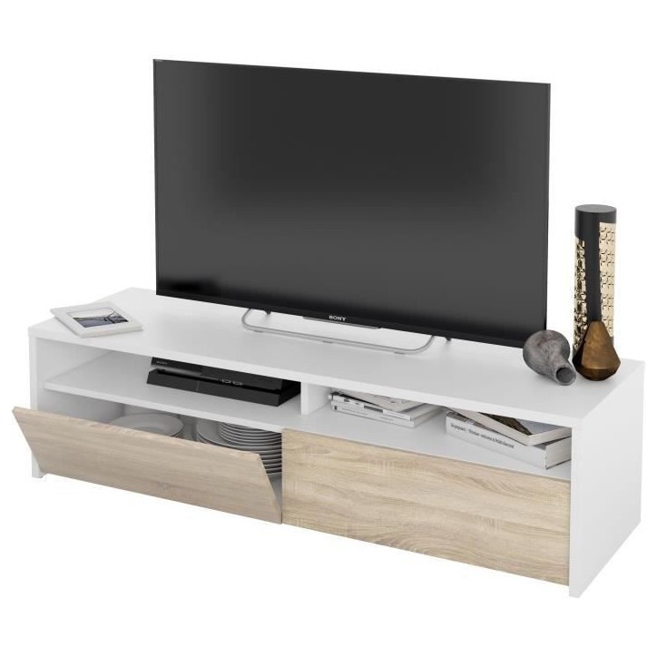 Meuble TV - KIOTO - Blanc Artik / Chene Canadien - 2 portes - 2 niches - 130 x 42 x 36 cm