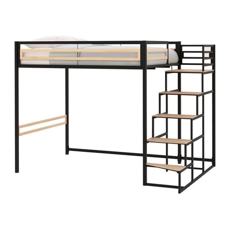 Lit mezzanine LEON - 140x190 cm - Métal noir - Sommier inclus Lit mezzanine LEON - 140x190 cm - Métal noir - Sommier inclus
