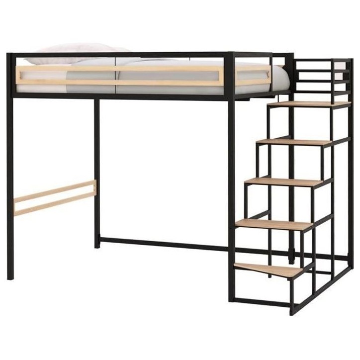 Lit mezzanine LEON - 140x190 cm - Métal noir - Sommier inclus Lit mezzanine LEON - 140x190 cm - Métal noir - Sommier inclus