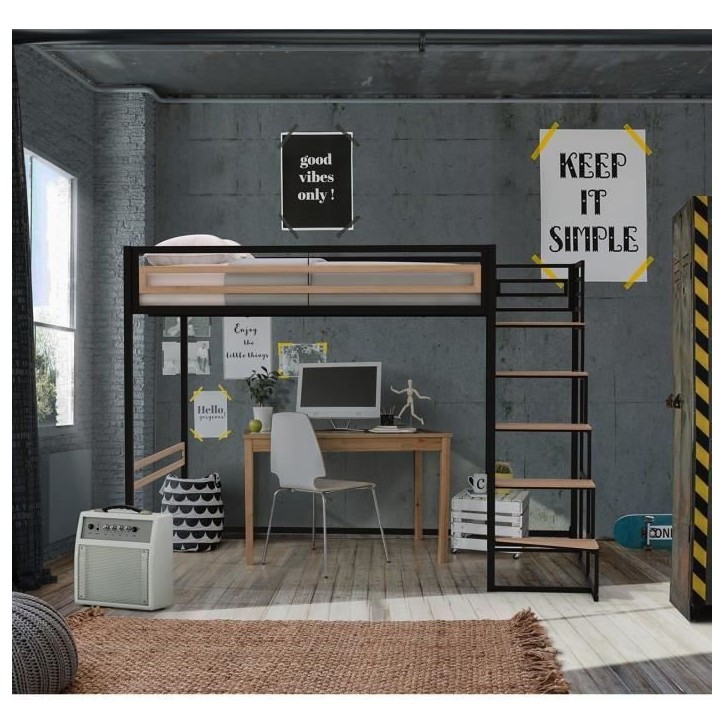 Lit mezzanine LEON - 140x190 cm - Métal noir - Sommier inclus Lit mezzanine LEON - 140x190 cm - Métal noir - Sommier inclus