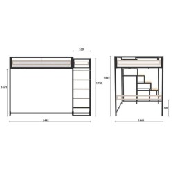 Lit mezzanine LEON - 140x190 cm - Métal noir - Sommier inclus