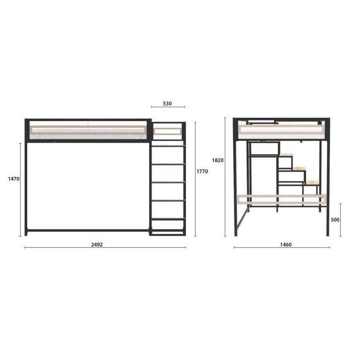 Lit mezzanine LEON - 140x190 cm - Métal noir - Sommier inclus Lit mezzanine LEON - 140x190 cm - Métal noir - Sommier inclus