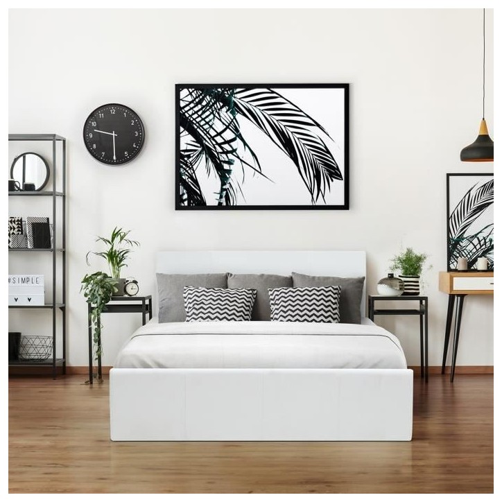 MARTIN Lit adulte 140 x 190 cm + coffre de rangement - Simili blanc - Sommier inclus MARTIN Lit adulte 140 x 190 cm + coffre de rangement - Simili blanc - Sommier inclus