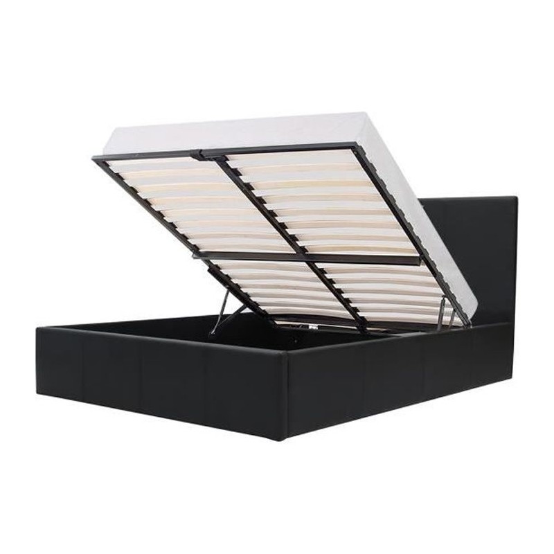 MARTIN Lit adulte - 140 x 190 cm + coffre de rangement - Simili noir - MARTIN Lit adulte - 140 x 190 cm + coffre de rangement - Simili noir -
