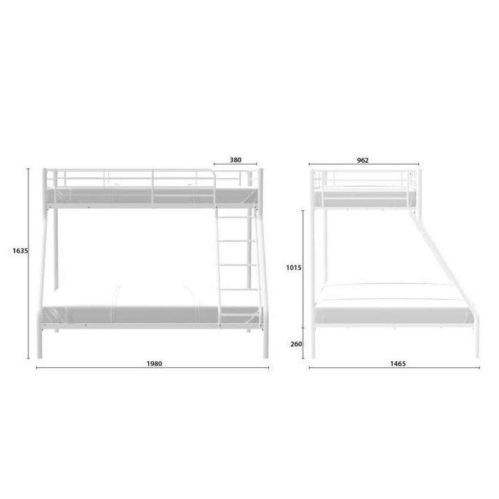 BRUCE Lits superposés 3 places - 90/140 x 190 cm - Blanc - En métal - Sommiers inclus BRUCE Lits superposés 3 places - 90/140 x 190 cm - Blanc - En métal - Sommiers inclus