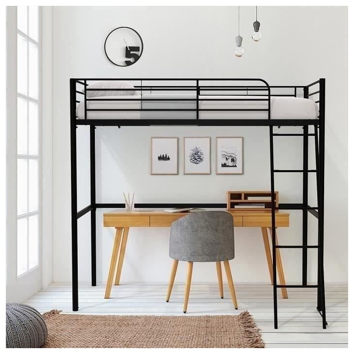 Lit mezzanine enfant ELIOT en métal noir 90x190cm avec sommier inclus Lit mezzanine enfant ELIOT en métal noir 90x190cm avec sommier inclus