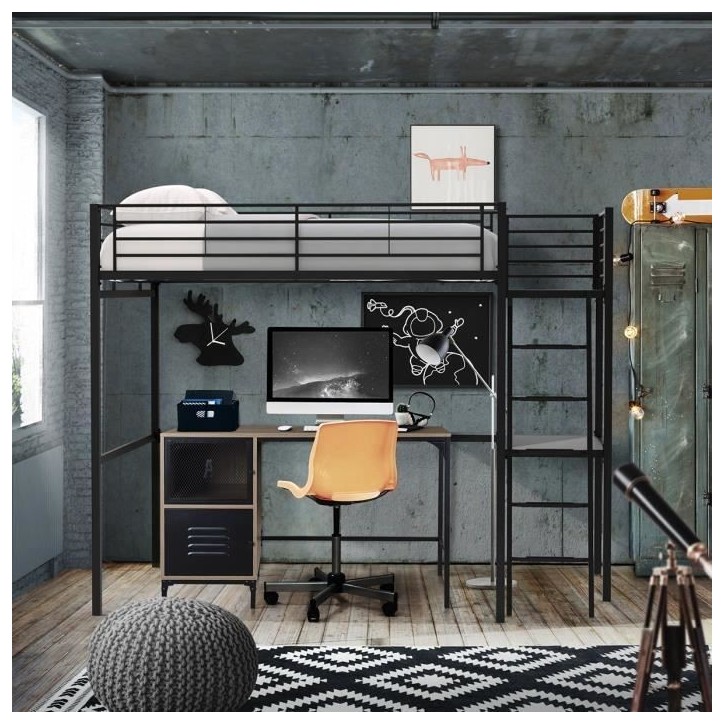 Lit mezzanine avec bureau en métal époxy - Noir - Sommier inclus - 140x190 cm - OXFORD Lit mezzanine avec bureau en métal époxy - Noir - Sommier inclus - 140x190 cm - OXFORD