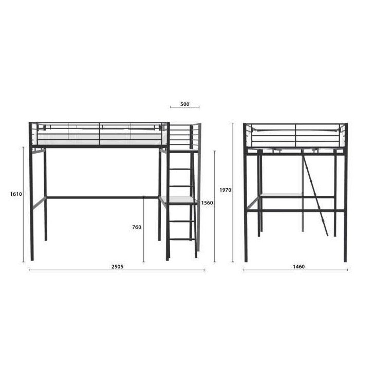 Lit mezzanine avec bureau en métal époxy - Noir - Sommier inclus - 140x190 cm - OXFORD Lit mezzanine avec bureau en métal époxy - Noir - Sommier inclus - 140x190 cm - OXFORD