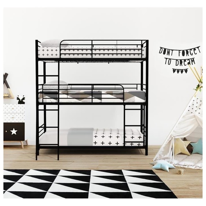 Lits superposés en métal - Noir - Sommiers inclus - 3x90x190 cm - TRIO Lits superposés en métal - Noir - Sommiers inclus - 3x90x190 cm - TRIO