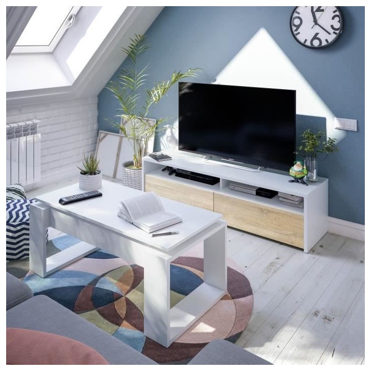 Meuble TV - KIOTO - Blanc Artik / Chene Canadien - 2 portes - 2 niches - 130 x 42 x 36 cm