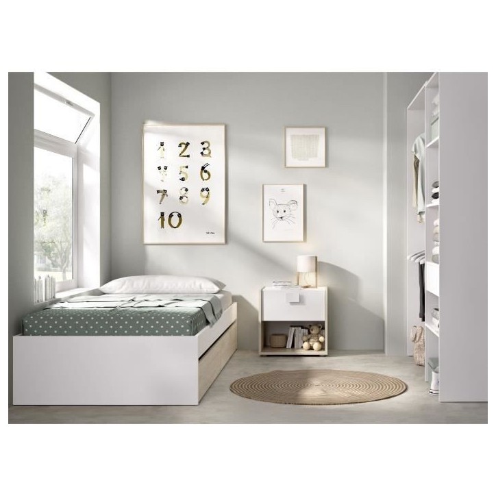 Structure de lit - LAGO - 2 tiroirs - 90 x 190 cm - Blanc / Chene Structure de lit - LAGO - 2 tiroirs - 90 x 190 cm - Blanc / Chene