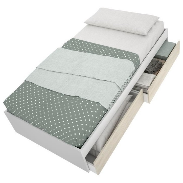 Structure de lit - LAGO - 2 tiroirs - 90 x 190 cm - Blanc / Chene Structure de lit - LAGO - 2 tiroirs - 90 x 190 cm - Blanc / Chene