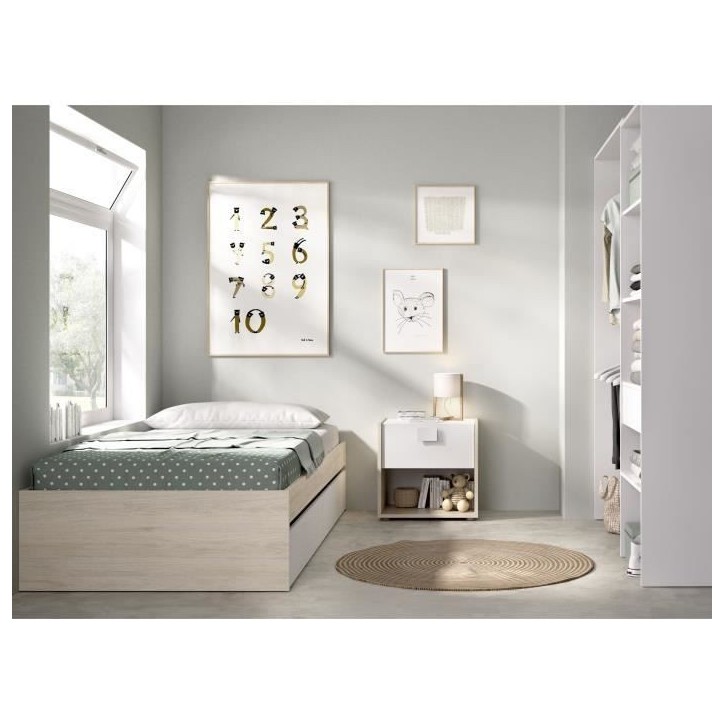 Structure de lit - LAGO - 2 tiroirs - 90 x 190 cm - Blanc / Chene Structure de lit - LAGO - 2 tiroirs - 90 x 190 cm - Blanc / Chene