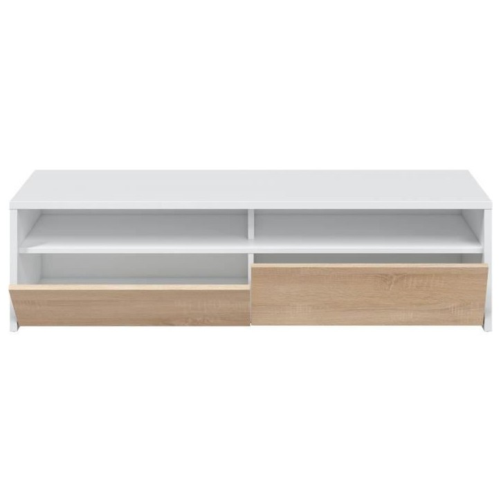 Meuble TV - KIOTO - Blanc Artik / Chene Canadien - 2 portes - 2 niches - 130 x 42 x 36 cm